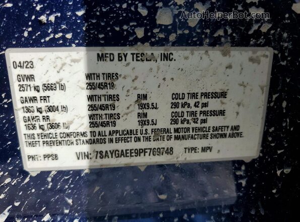 7SAYGAEE9PF769748 2023 TESLA MODEL Синий Вид наклейки с VIN-кодом
