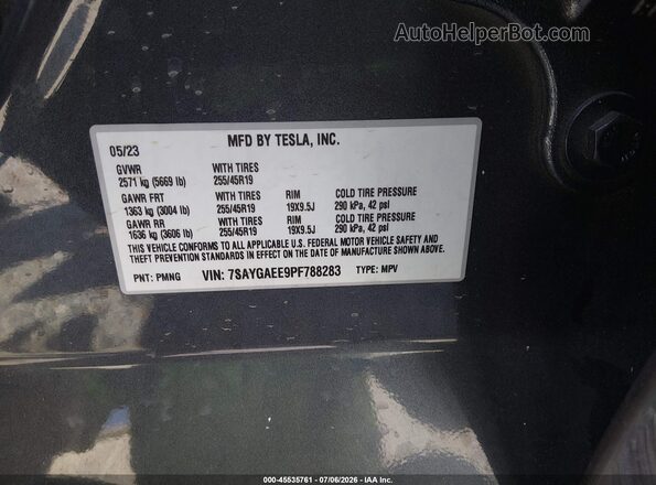 7SAYGAEE9PF788283 2023 TESLA MODEL Y Gray VIN sticker view