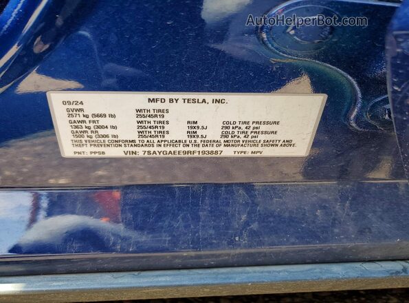 7SAYGAEE9RF193887 2024 TESLA MODEL Blue ძრავის განყოფილების ხედი