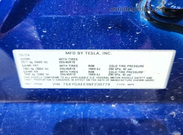 7SAYGAEE9SF230779 2025 TESLA MODEL Blue Вид підкапотного простору