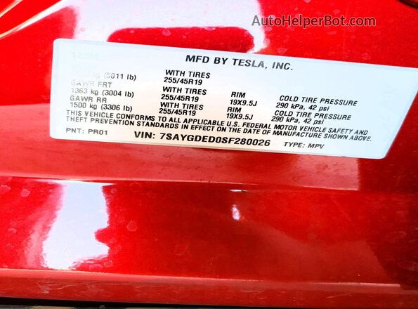 7SAYGDED0SF280026 2025 TESLA MODEL Красный Вид наклейки с VIN-кодом