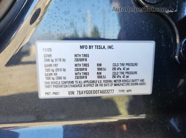7SAYGDED0TA603277 2026 TESLA MODEL Gray VIN sticker view