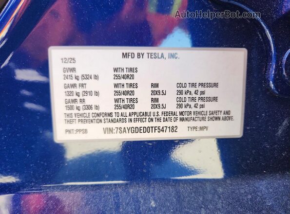 7SAYGDED0TF547182 2026 TESLA MODEL Blue Widok naklejki z numerem VIN