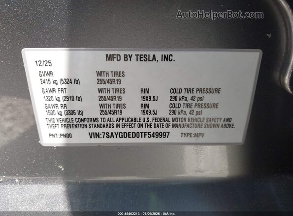 7SAYGDED0TF549997 2026 TESLA MODEL Y Серый Вид подкапотного пространства
