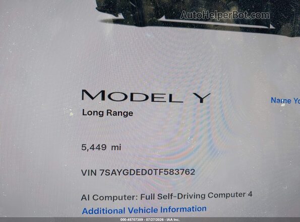 7SAYGDED0TF583762 2026 TESLA MODEL Y Black Vista de los asientos traseros
