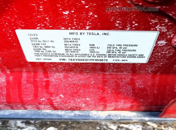 7SAYGDED1PF959875 2023 TESLA MODEL Бордовый Вид наклейки с VIN-кодом