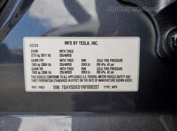 7SAYGDED1RF008207 2024 TESLA MODEL Gray VIN sticker view