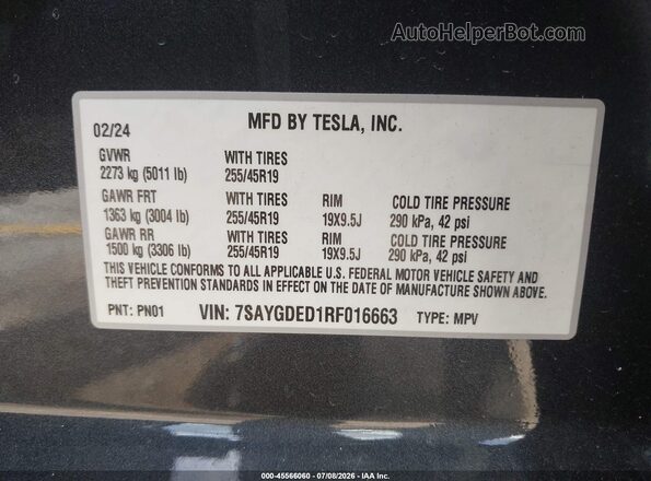 7SAYGDED1RF016663 2024 TESLA MODEL Y Black Vista del compartimento del motor