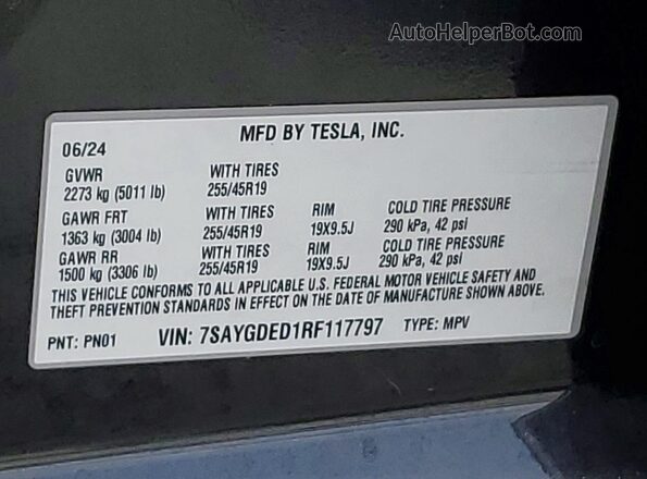 7SAYGDED1RF117797 2024 TESLA MODEL Charcoal VIN კოდის სტიკერის ხედი