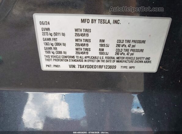 7SAYGDED1RF123809 2024 TESLA MODEL Y Gray Շարժիչի բաժամունքի տեսք