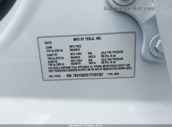 7SAYGDED1TF397387 2026 TESLA MODEL Y White Vista del compartimento del motor