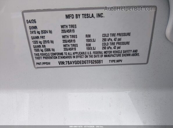 7SAYGDED1TF626280 2026 TESLA MODEL Y White Widok komory silnika