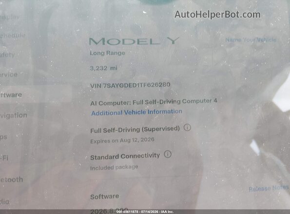 7SAYGDED1TF626280 2026 TESLA MODEL Y White Widok wnętrza 360 stopni