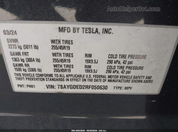 7SAYGDED2RF050630 2024 TESLA MODEL Y Gray Շարժիչի բաժամունքի տեսք