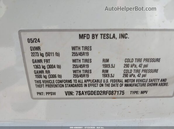 7SAYGDED2RF087175 2024 TESLA MODEL Y White Շարժիչի բաժամունքի տեսք