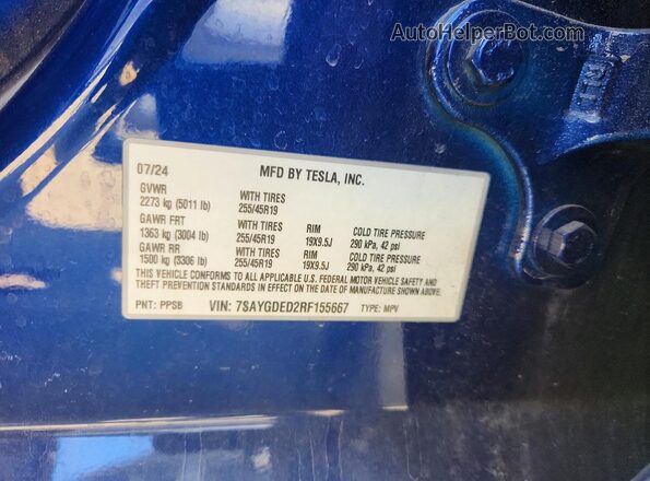 7SAYGDED2RF155667 2024 TESLA MODEL Blue Widok naklejki z numerem VIN