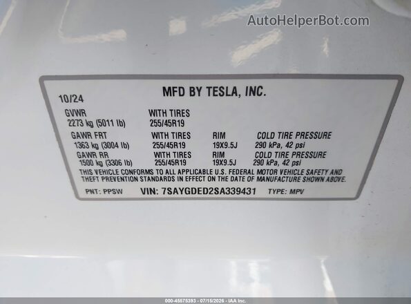 7SAYGDED2SA339431 2025 TESLA MODEL Y Белый Вид подкапотного пространства