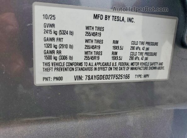 7SAYGDED2TF525166 2026 TESLA MODEL Charcoal VIN sticker view