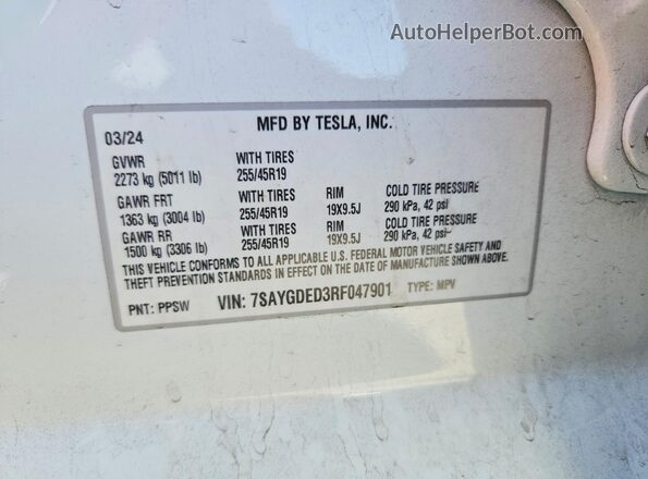 7SAYGDED3RF047901 2024 TESLA MODEL White VIN კოდის სტიკერის ხედი