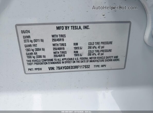 7SAYGDED3RF117932 2024 TESLA MODEL Y White ძრავის განყოფილების ხედი