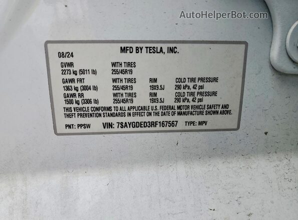 7SAYGDED3RF167567 2024 TESLA MODEL White ძრავის განყოფილების ხედი
