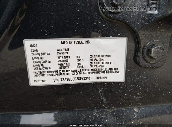 7SAYGDED3SF223481 2025 TESLA MODEL Y Gray Widok komory silnika