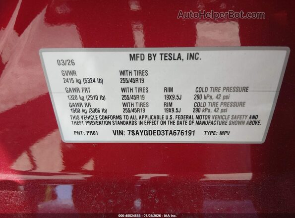 7SAYGDED3TA676191 2026 TESLA MODEL Y Красный Вид подкапотного пространства