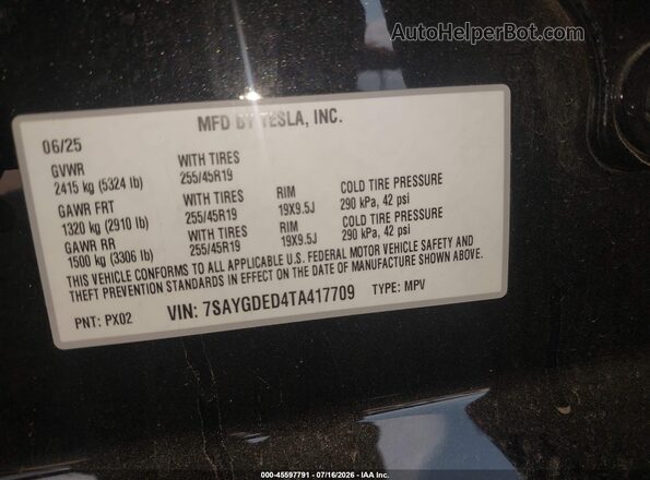 7SAYGDED4TA417709 2026 TESLA MODEL Y Black Engine compartment view