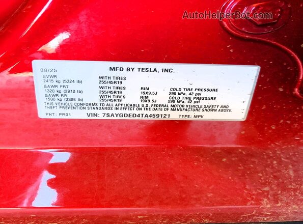 7SAYGDED4TA459121 2026 TESLA MODEL Red VIN კოდის სტიკერის ხედი