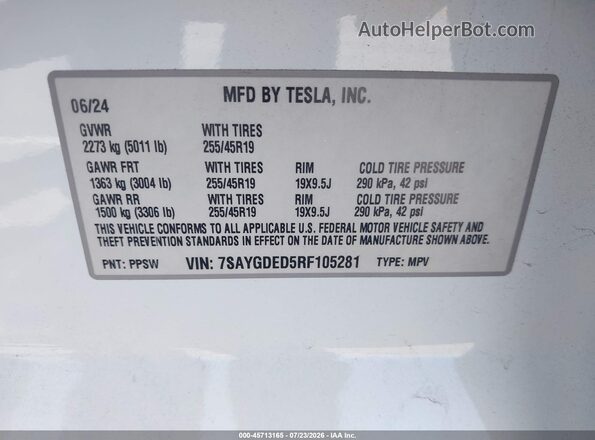 7SAYGDED5RF105281 2024 TESLA MODEL Y White Շարժիչի բաժամունքի տեսք