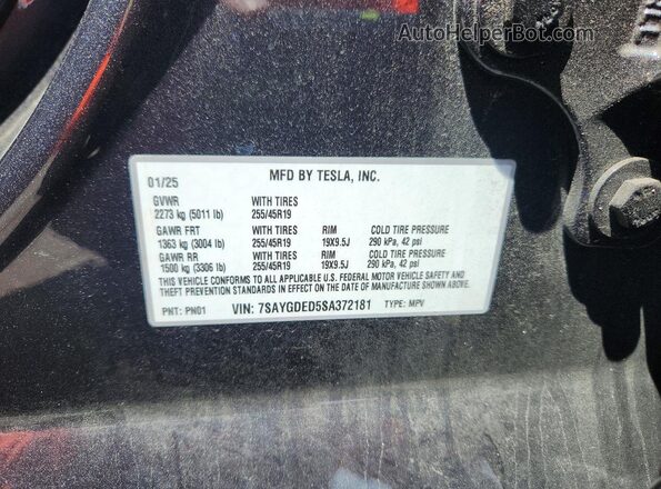 7SAYGDED5SA372181 2025 TESLA MODEL Gray Widok naklejki z numerem VIN