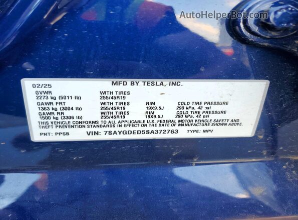 7SAYGDED5SA372763 2025 TESLA MODEL Blue Vista del compartimento del motor