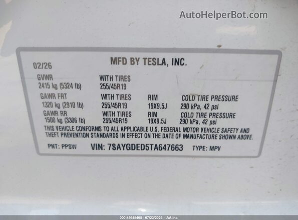 7SAYGDED5TA647663 2026 TESLA MODEL Y White ძრავის განყოფილების ხედი