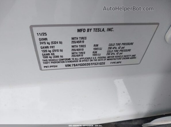 7SAYGDED5TF531026 2026 TESLA MODEL Y White Вид підкапотного простору