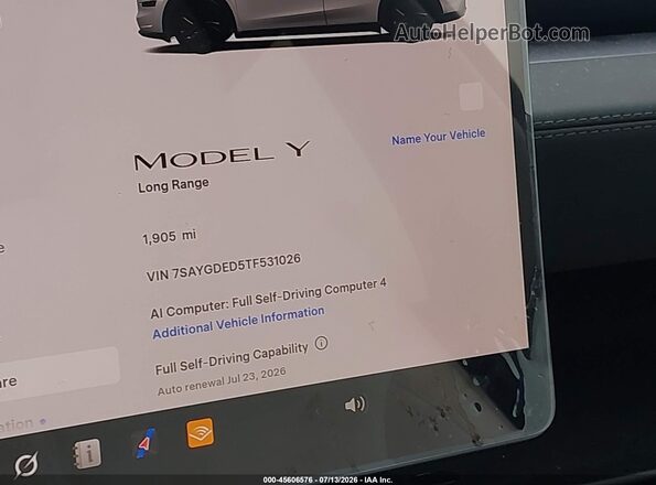 7SAYGDED5TF531026 2026 TESLA MODEL Y White Панорамний вид салону 360°