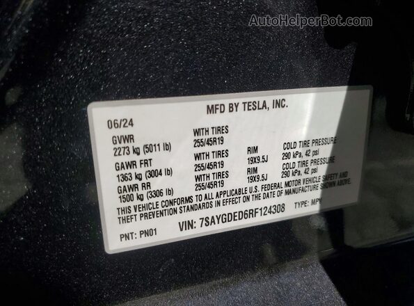 7SAYGDED6RF124308 2024 TESLA MODEL Gray VIN կոդի պիտակի տեսք