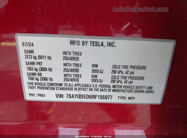 7SAYGDED6RF155977 2024 TESLA MODEL Y Красный Вид подкапотного пространства