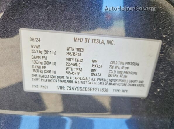 7SAYGDED6RF211836 2024 TESLA MODEL Charcoal ძრავის განყოფილების ხედი