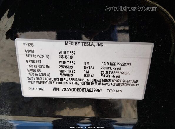 7SAYGDED6TA639961 2026 TESLA MODEL Y Черный Вид подкапотного пространства