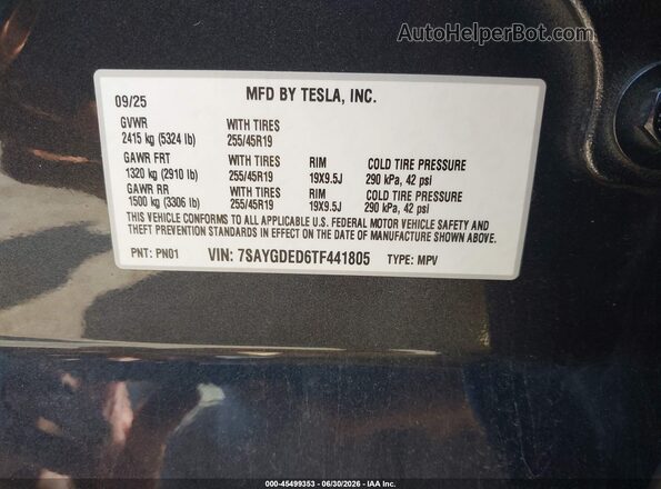 7SAYGDED6TF441805 2026 TESLA MODEL Y Black Vista del compartimento del motor