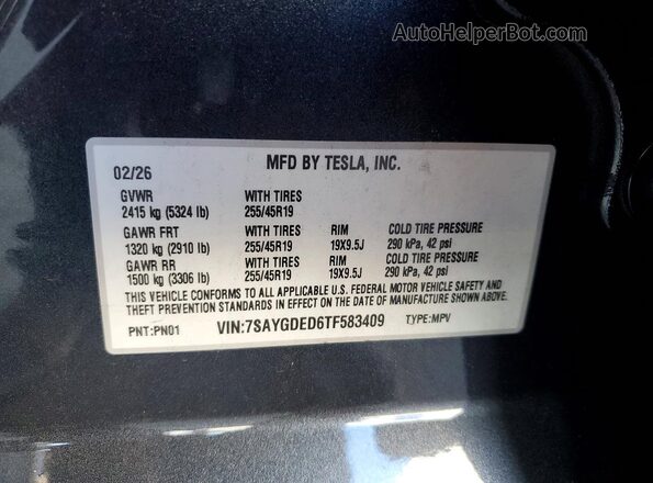 7SAYGDED6TF583409 2026 TESLA MODEL Gray VIN კოდის სტიკერის ხედი