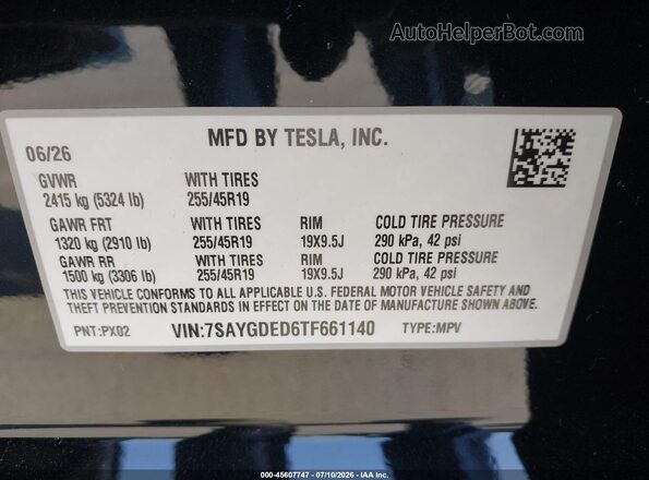 7SAYGDED6TF661140 2026 TESLA MODEL Y Black Engine compartment view