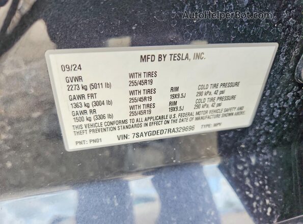 7SAYGDED7RA329696 2024 TESLA MODEL Gray Widok naklejki z numerem VIN