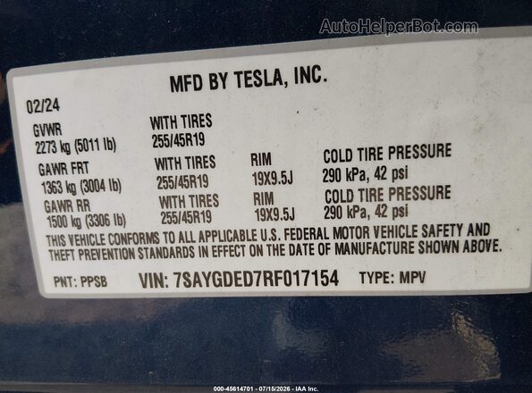 7SAYGDED7RF017154 2024 TESLA MODEL Y Blue Вид підкапотного простору