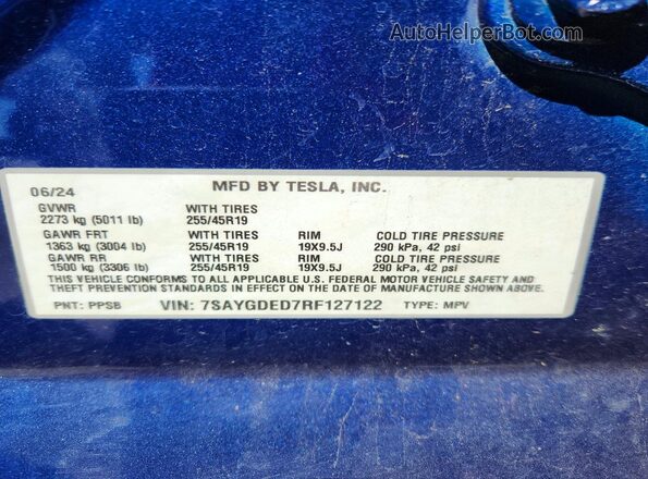 7SAYGDED7RF127122 2024 TESLA MODEL Blue Вид наклейки з VIN-кодом
