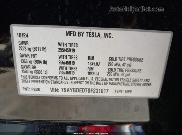 7SAYGDED7SF231017 2025 TESLA MODEL Y Black Widok komory silnika