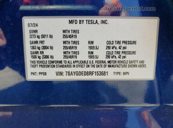 7SAYGDED8RF153681 2024 TESLA MODEL Blue Widok komory silnika