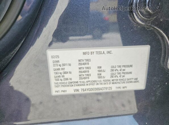 7SAYGDED8SA379125 2025 TESLA MODEL Серый Вид наклейки с VIN-кодом
