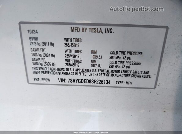 7SAYGDED8SF226134 2025 TESLA MODEL Y White Vista del compartimento del motor