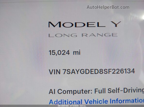 7SAYGDED8SF226134 2025 TESLA MODEL Y White Vista interior de 360 grados